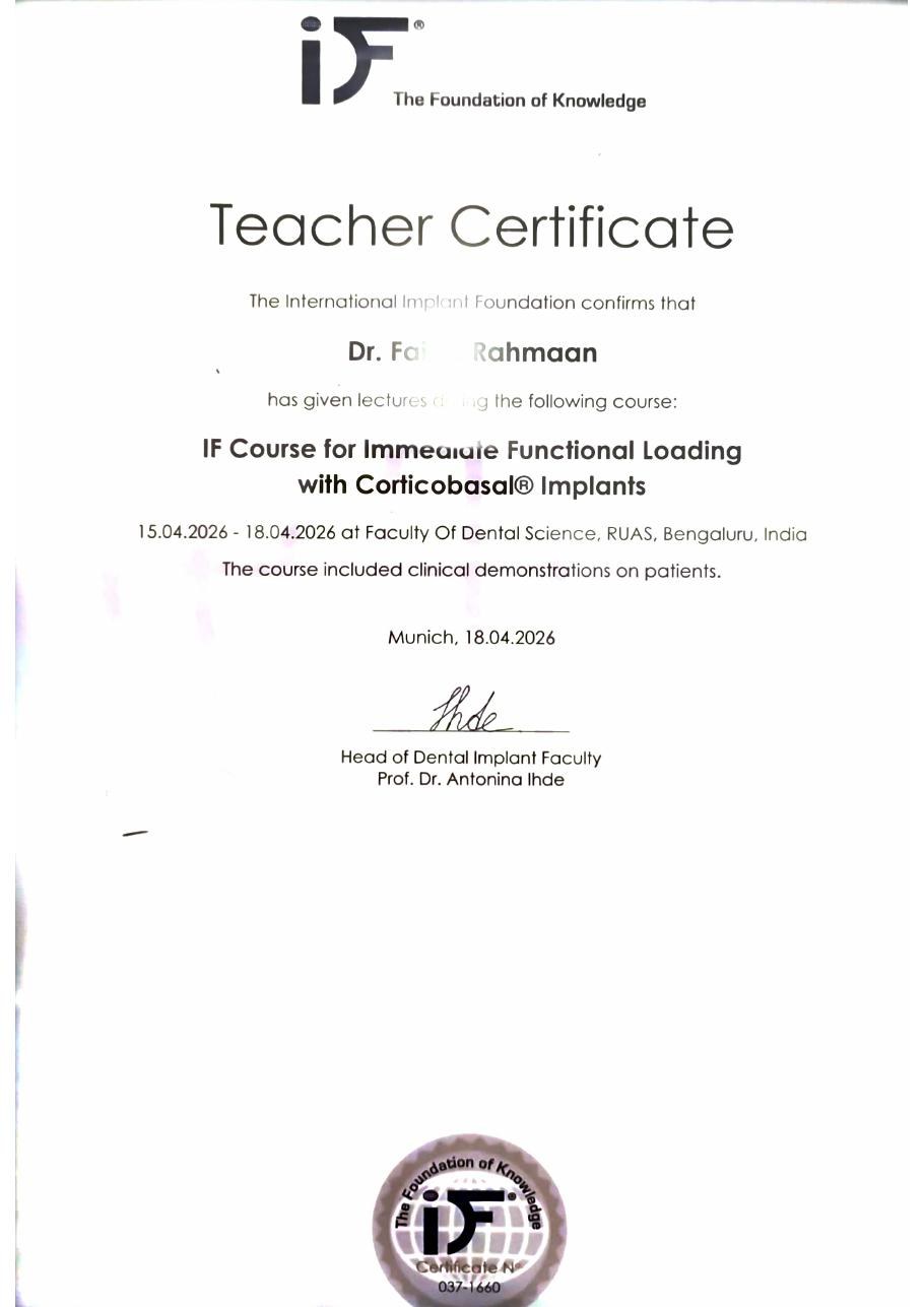 Teacher Certificate - International Implant Foundation